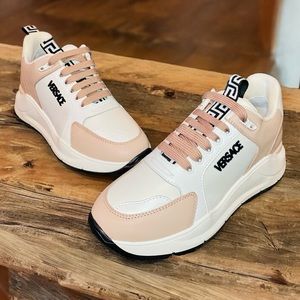 NEW! Versace Powder Blush Canvas Leather Logo Sneakers Shoes
